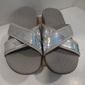 Vionic Merced Women's Cross Strap Slide Orthotic Sandals In Silver Ladies Size 9